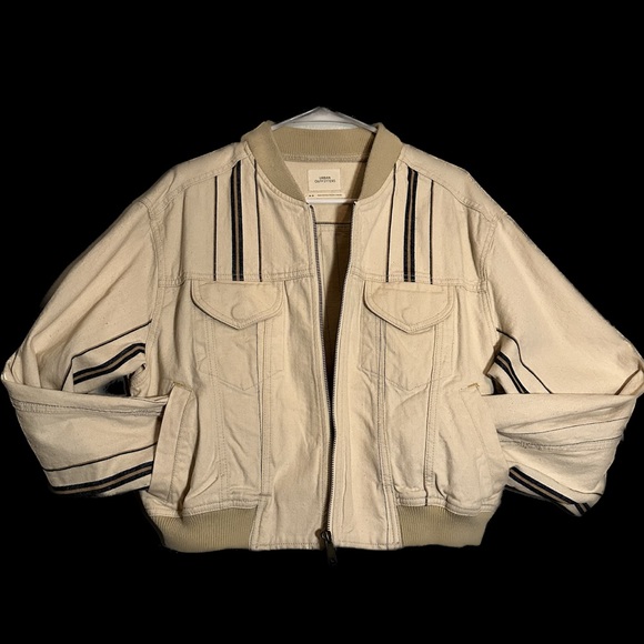 Urban Outfitters Jackets & Blazers - Urban Outfitters Cropped Bomber Jacket Beige W/Blue Striped Sleeves